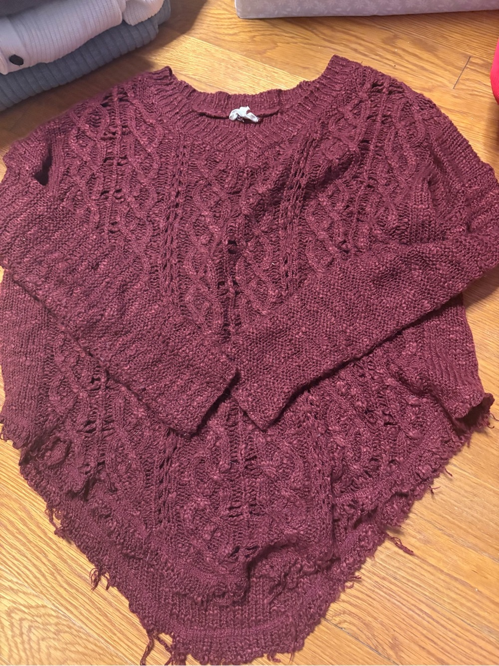 Cable Knit Distressed Sweater - Burgundy